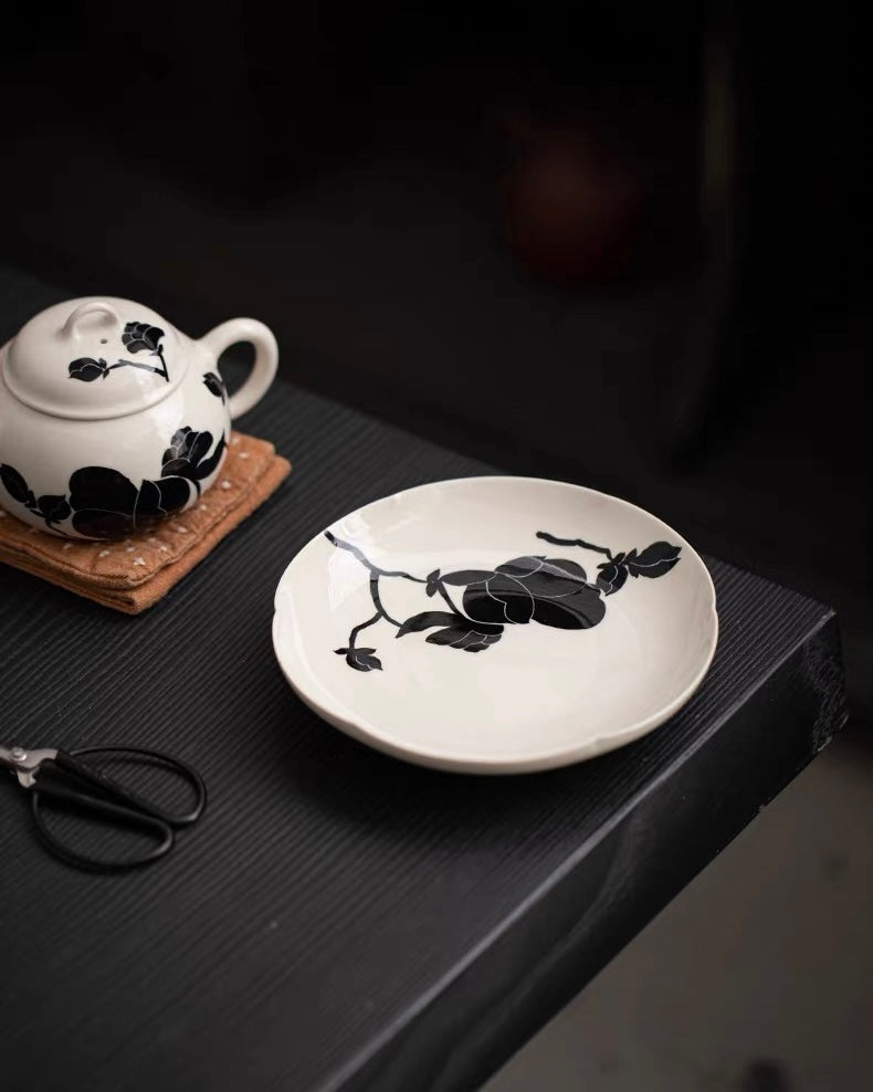 Traditional ash glaze tea ceremony tray with modern magnolia artwork, ideal for zisha teapot support