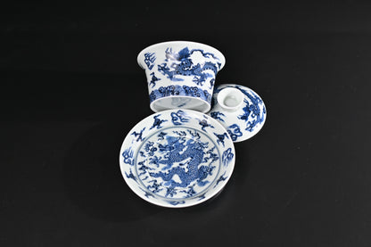 Jingdezhen Blue and White Dragon and Cloud Patterns Porcelain  Flat Base Gaiwan and Matching Saucer