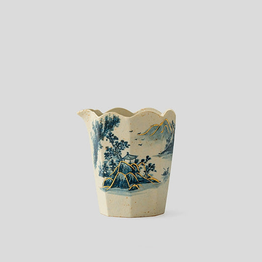 Blue and White Porcelain Fair Cup with Hand-painted Landscape and Gilded Accents