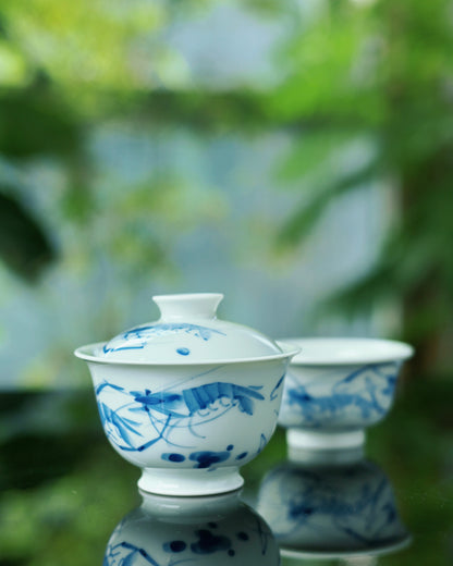 Jingdezhen handbemaltes Garnelen-Blau-und-Weiß-Porzellan-Gaiwan-Set