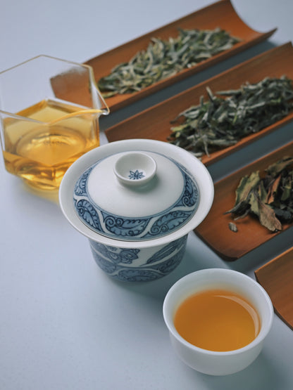 Handcrafted blue and white porcelain vintage gaiwan with matt glaze from Jingdezhen