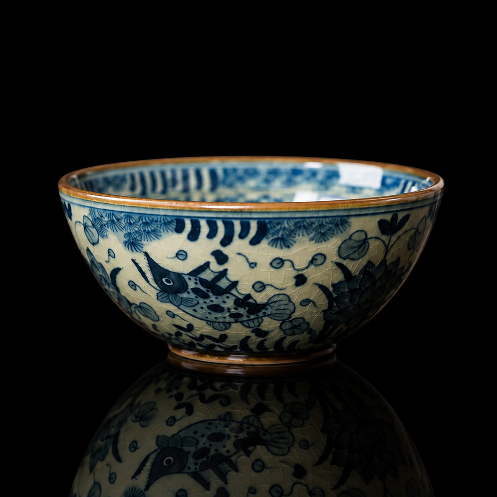 Blue and White Porcelain Underglaze Hand-Painted Fish and Aquatic Plant Design Teacup 80ml