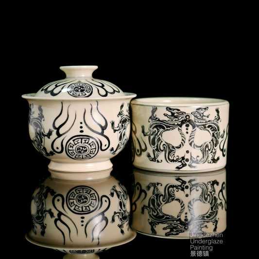 Blue and white porcelain gaiwan and teacup with tiger motif in underglaze cobalt, 120ml