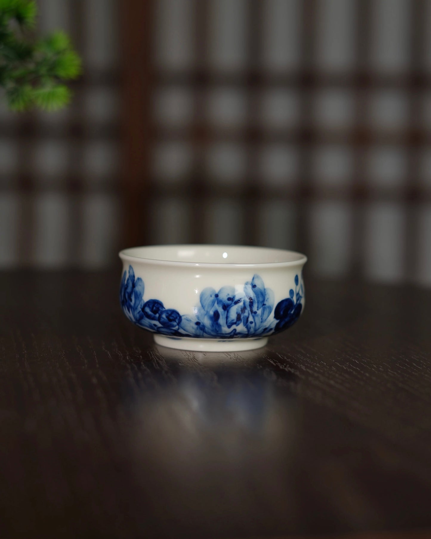 Peonies inside and out. Cobalt blue under glass. A gaiwan that shows its flowers whether full of tea or empty.