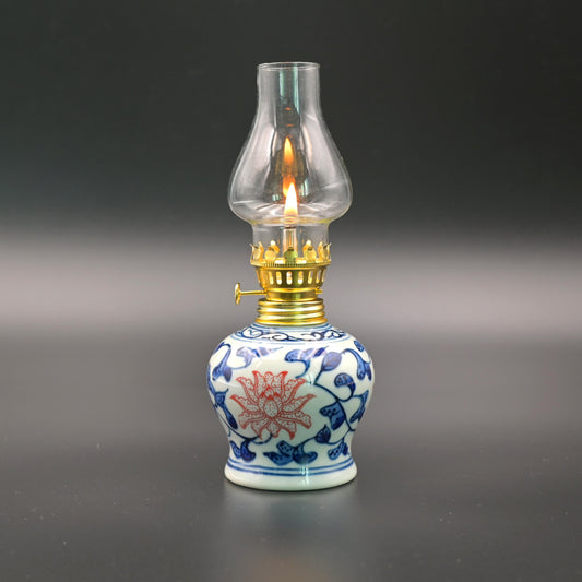 Blue and white underglaze red butter lamp for tea table decoration, traditional ceramic tea art accessory
