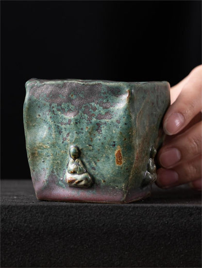 Tasse à Thé en Porcelaine Glaçurée Bronze Bouddha de Dunhuang Faite à la Main
