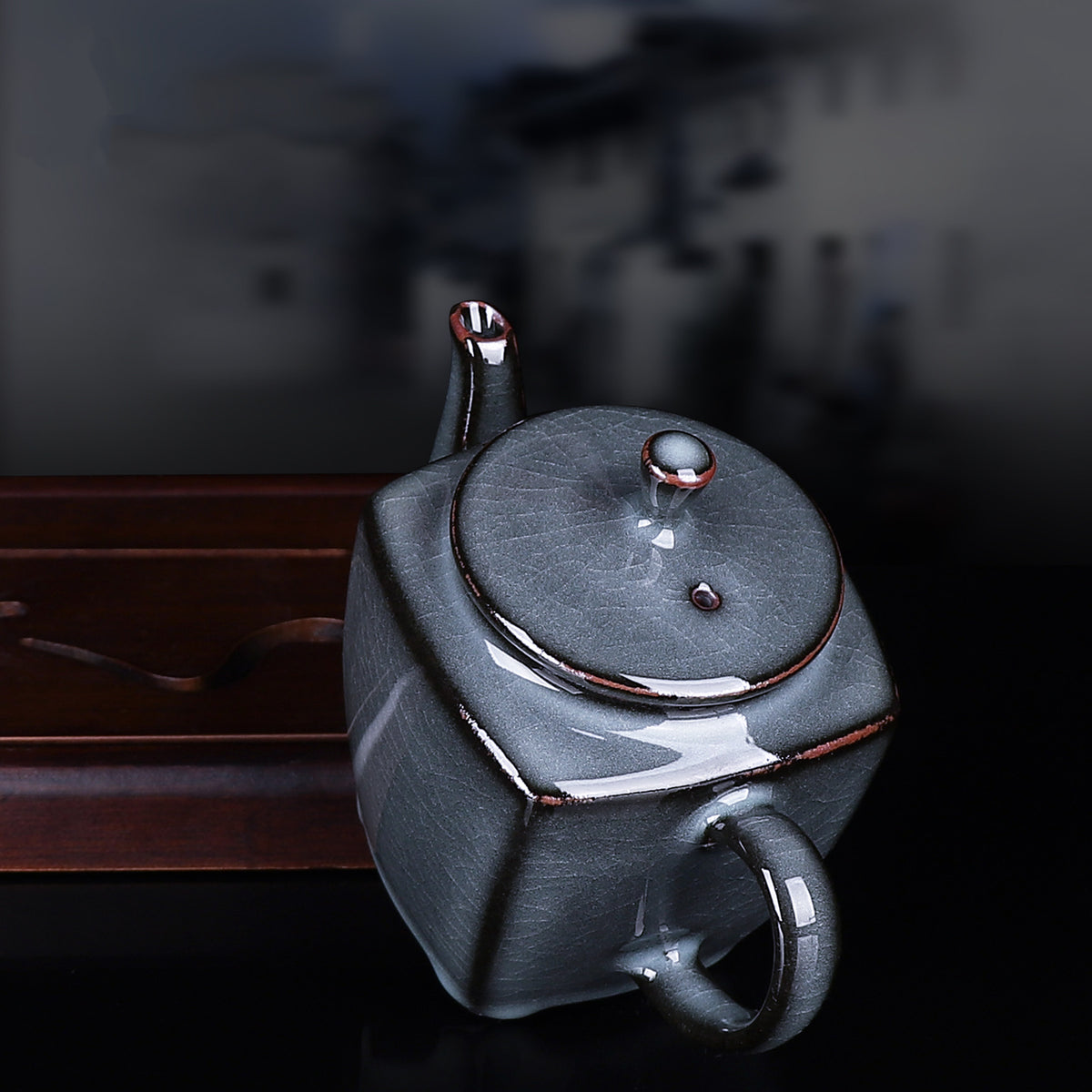 Rustic dark iron clay Chinese teapot with grey ice-crackle glaze for Pu-erh and dark Oolong tea