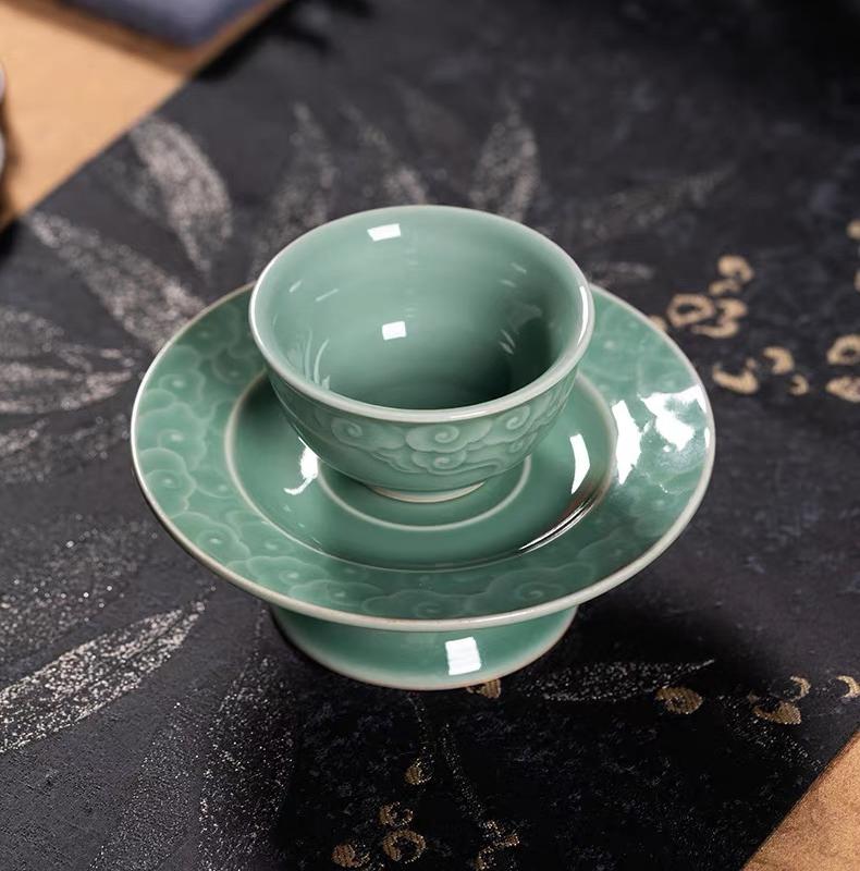 Longquan Celadon Song Dynasty-Style Teacup with High-Footed Saucer