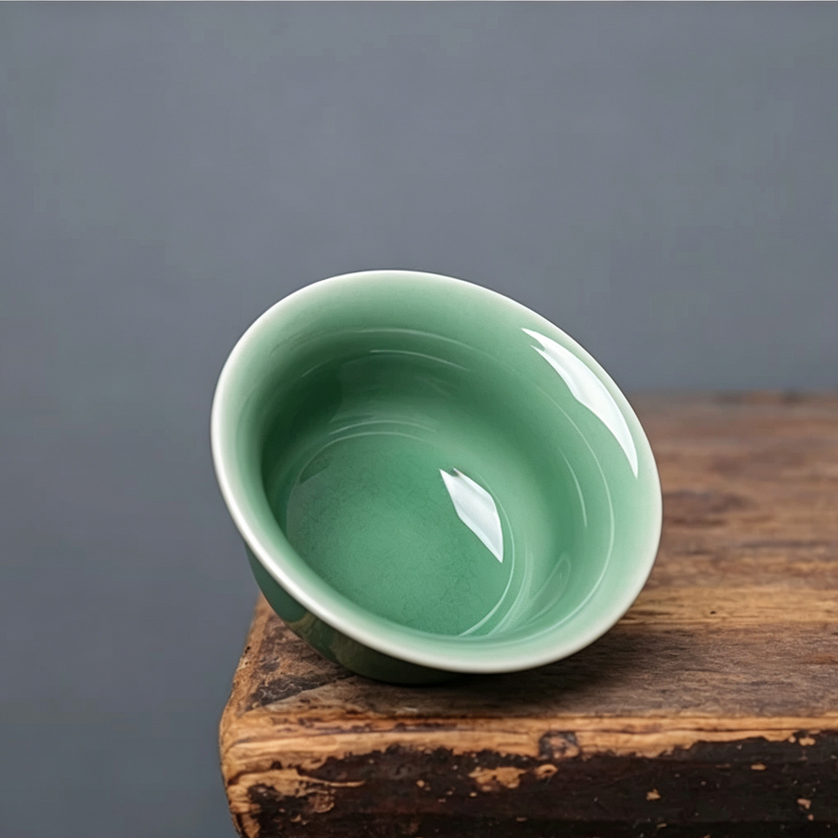 Traditional Chinese Longquan celadon lidded tea bowl set displaying glossy Meiziqing jade-like finish