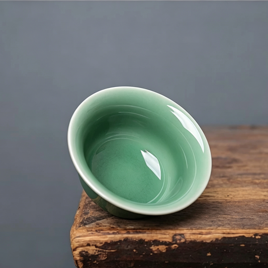 Traditional Chinese Longquan celadon lidded tea bowl set displaying glossy Meiziqing jade-like finish