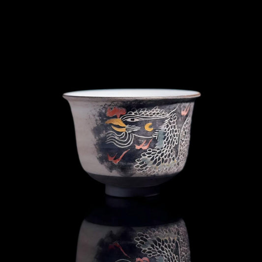 Hand carved phoenix pattern ceramic teacup from Jingdezhen