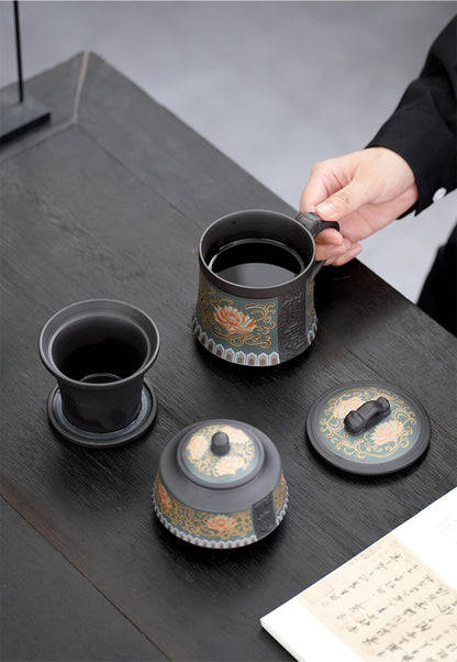 Tasse à thé en argile violette à motif lotus royal + boîte à thé