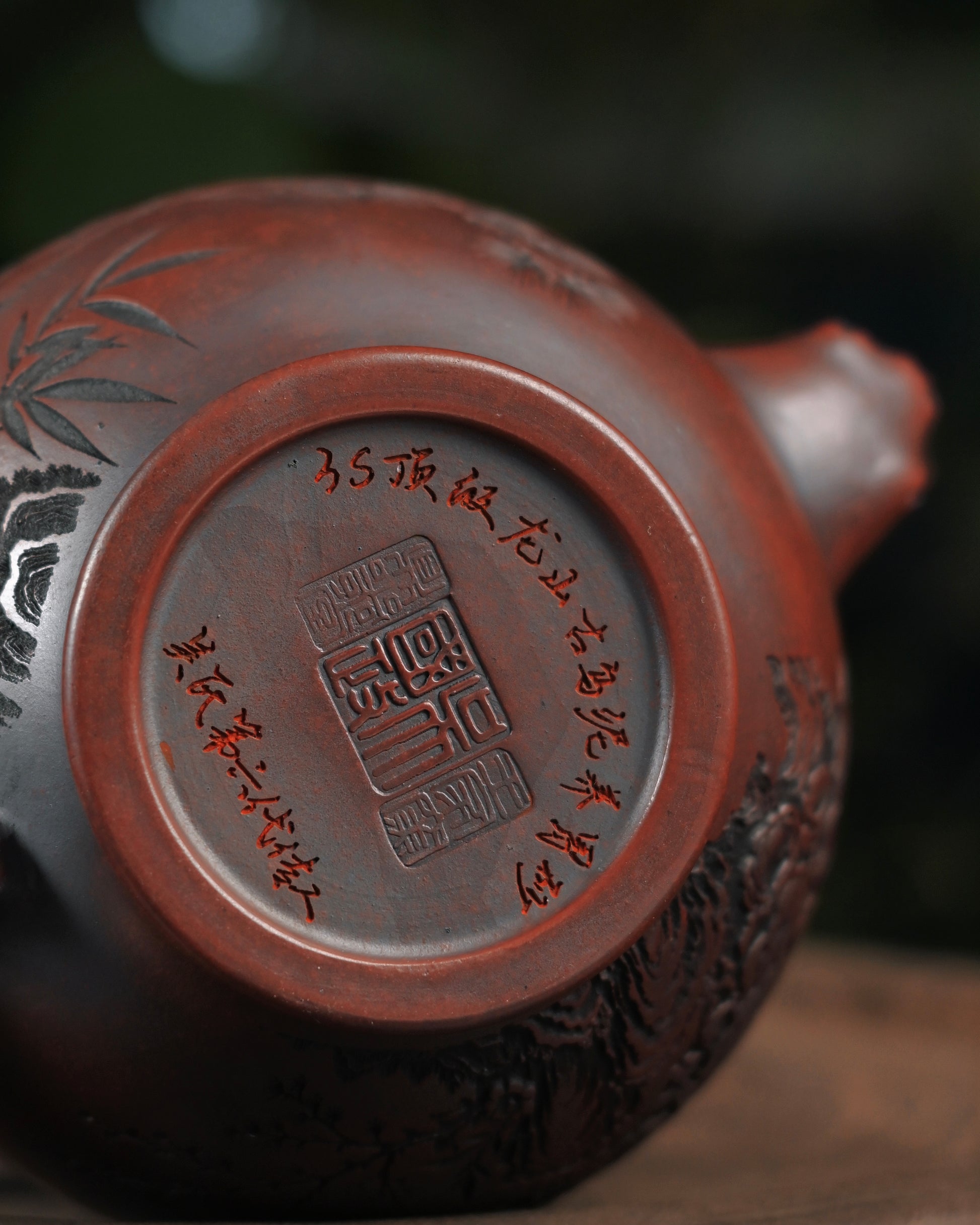 Natural fire markings from gas kiln firing at 1400°C that enhance the teapot's character