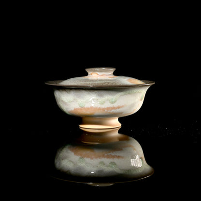 1-of-1 wood-fired 100ml gaiwan with traditional Yuanbao gold ingot shape and natural wood ash glaze