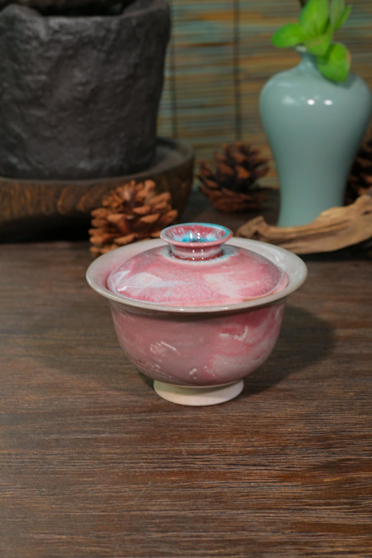 150ml Chashao wood-fired gaiwan displaying natural flying ash glaze and unglazed base ring