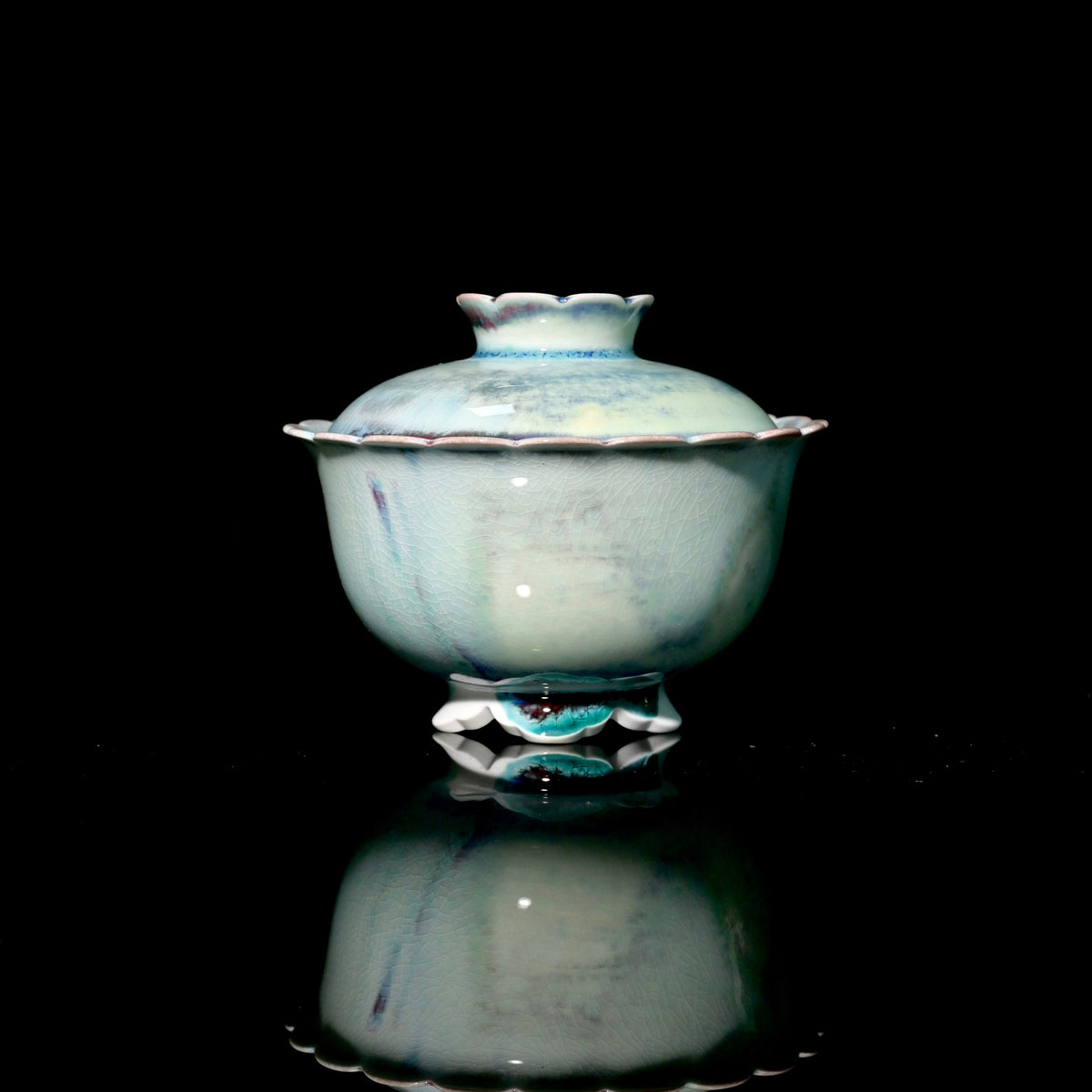 1-of-1 wood-fired gaiwan with sculpted foliate petal rim and sky-blue ice-crackle glaze