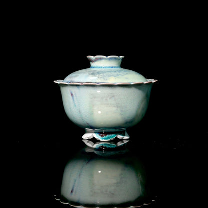 1-of-1 wood-fired gaiwan with sculpted foliate petal rim and sky-blue ice-crackle glaze