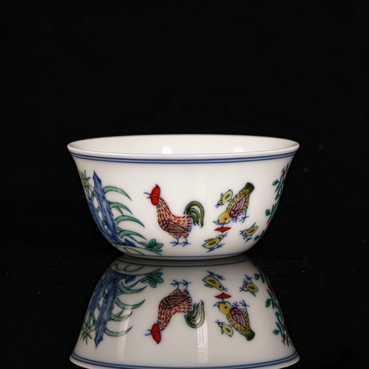 Handmade Jingdezhen replica of Chenghua Doucai Chicken Cup, front view with classic rooster and chick painting