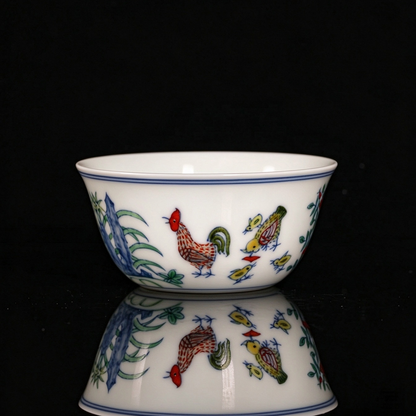 Handmade Jingdezhen replica of Chenghua Doucai Chicken Cup, front view with classic rooster and chick painting