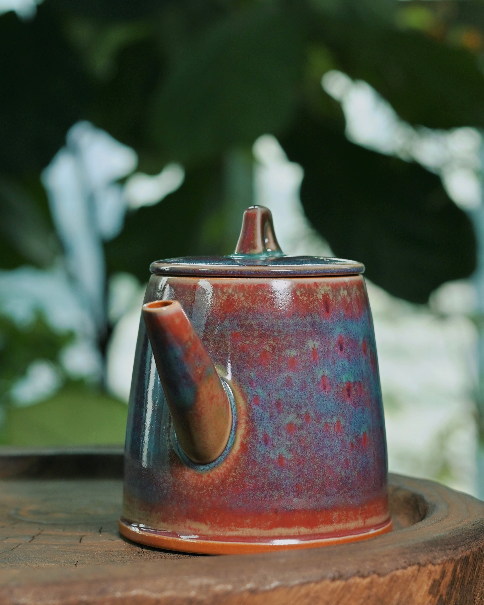 Jun Ware ceramic teapot with unique glaze characteristics from reduction atmosphere firing