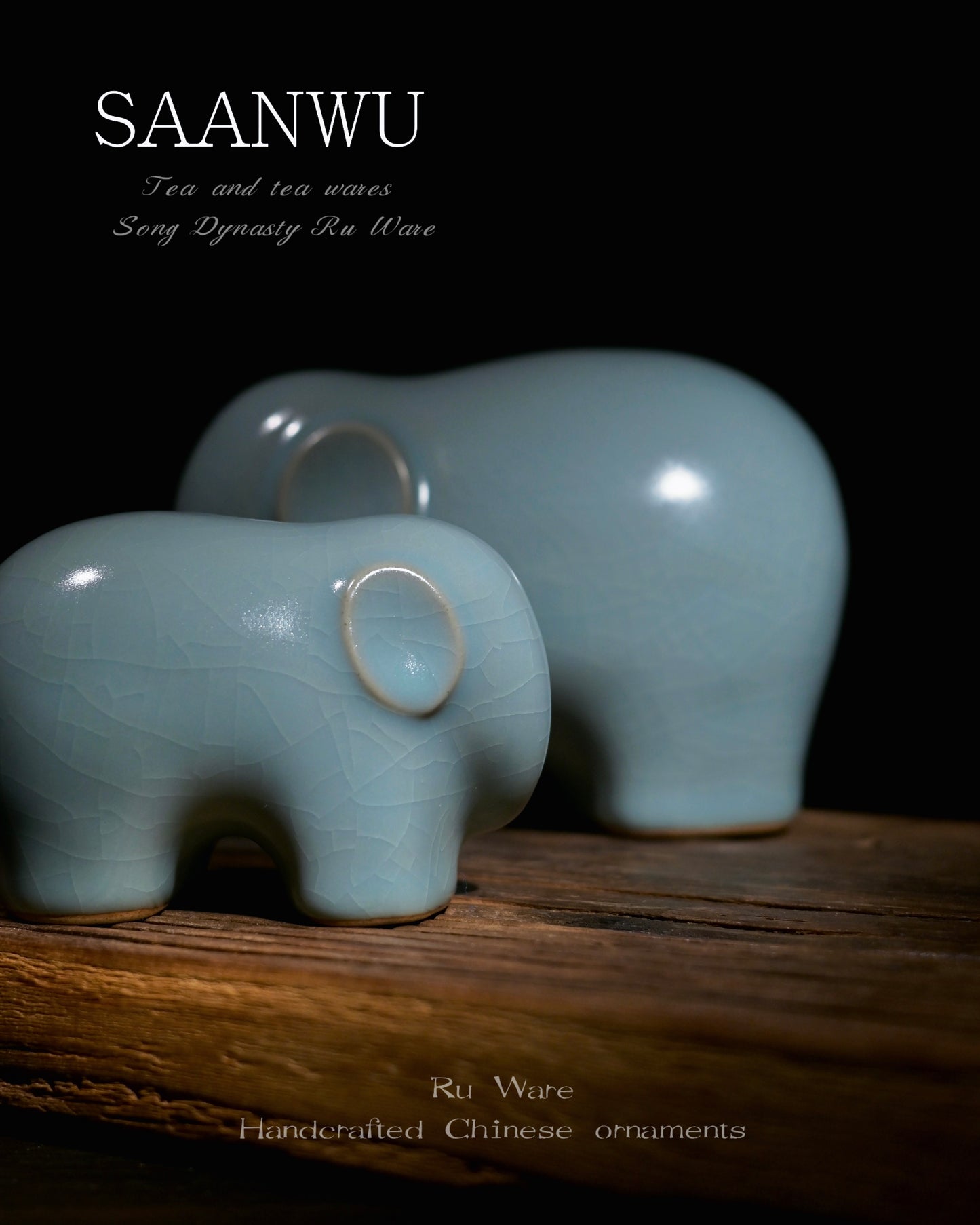 Minimalist Chinese ceramic elephant tea pet, smooth sky celadon Ru glaze with natural crackle, small decorative statue for tea tray shelf
