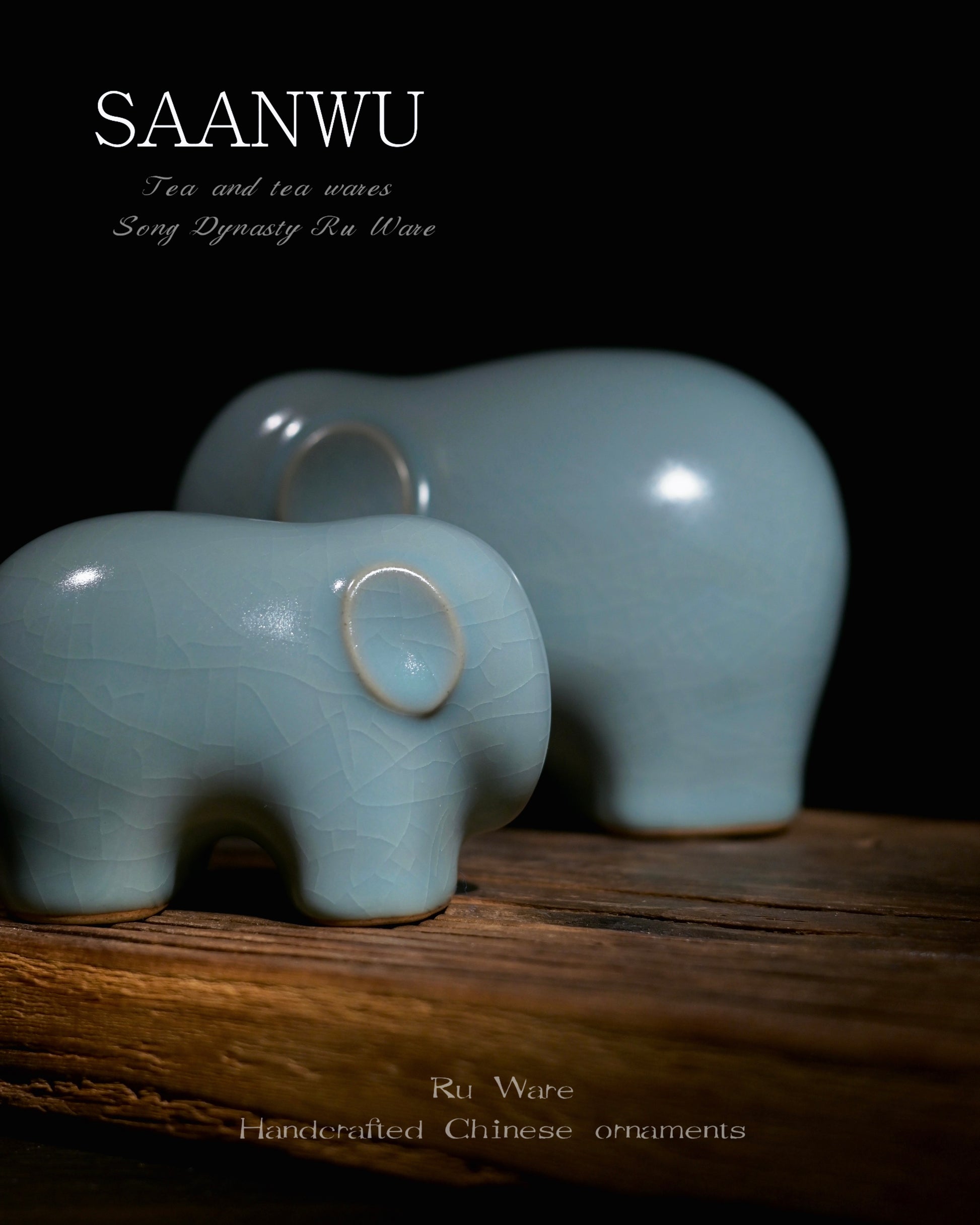 Minimalist Chinese ceramic elephant tea pet, smooth sky celadon Ru glaze with natural crackle, small decorative statue for tea tray shelf