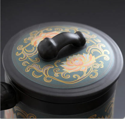 Tasse à thé en argile violette à motif lotus royal + boîte à thé