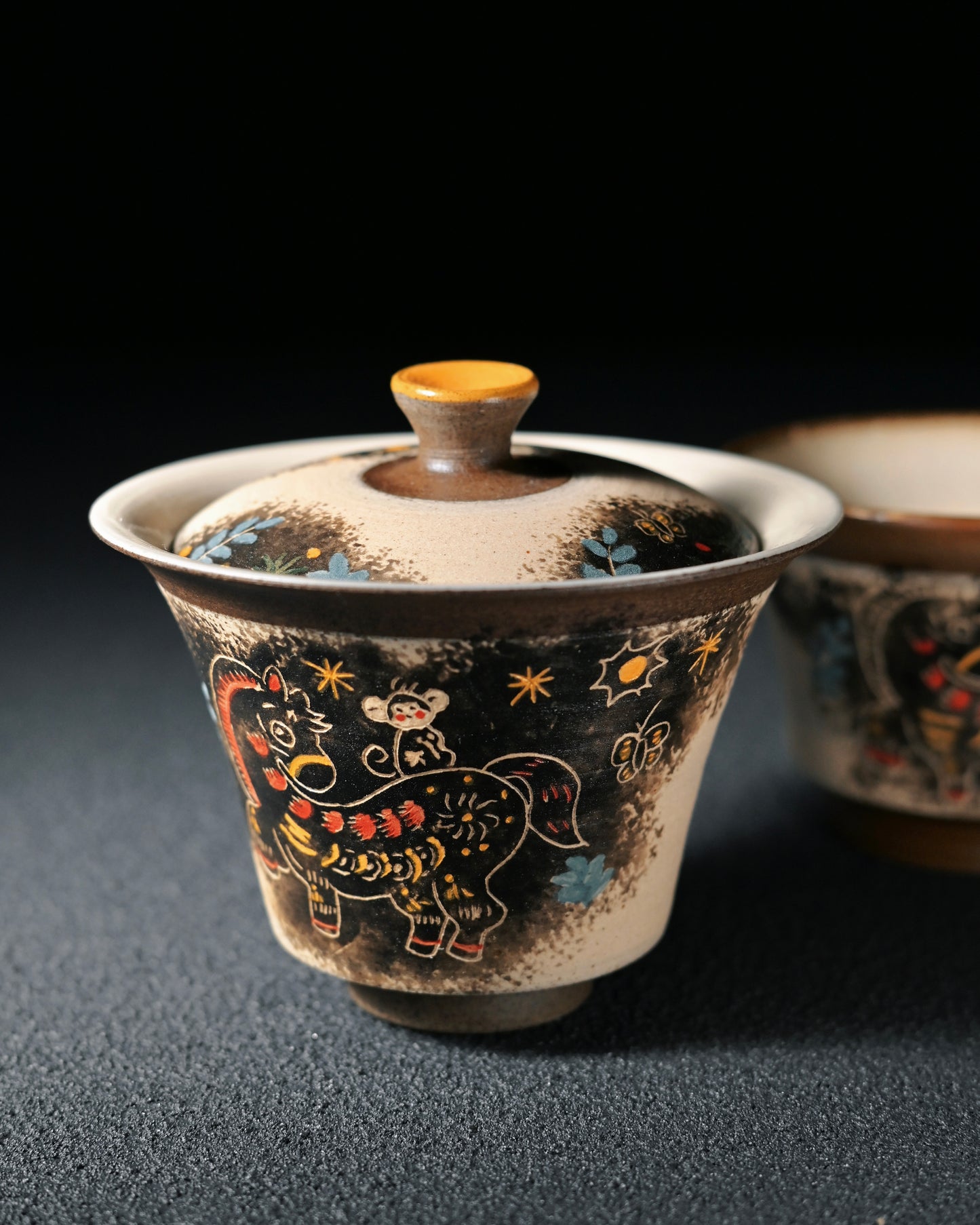 Chinese ink painting pony motif Gaiwan specially designed for Year of the Horse celebration and good fortune symbolism
