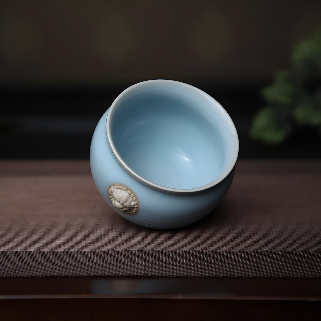 Ruzhou origin celadon cup with original mineral sky-blue glaze and subtle crackle development awaiting tea staining