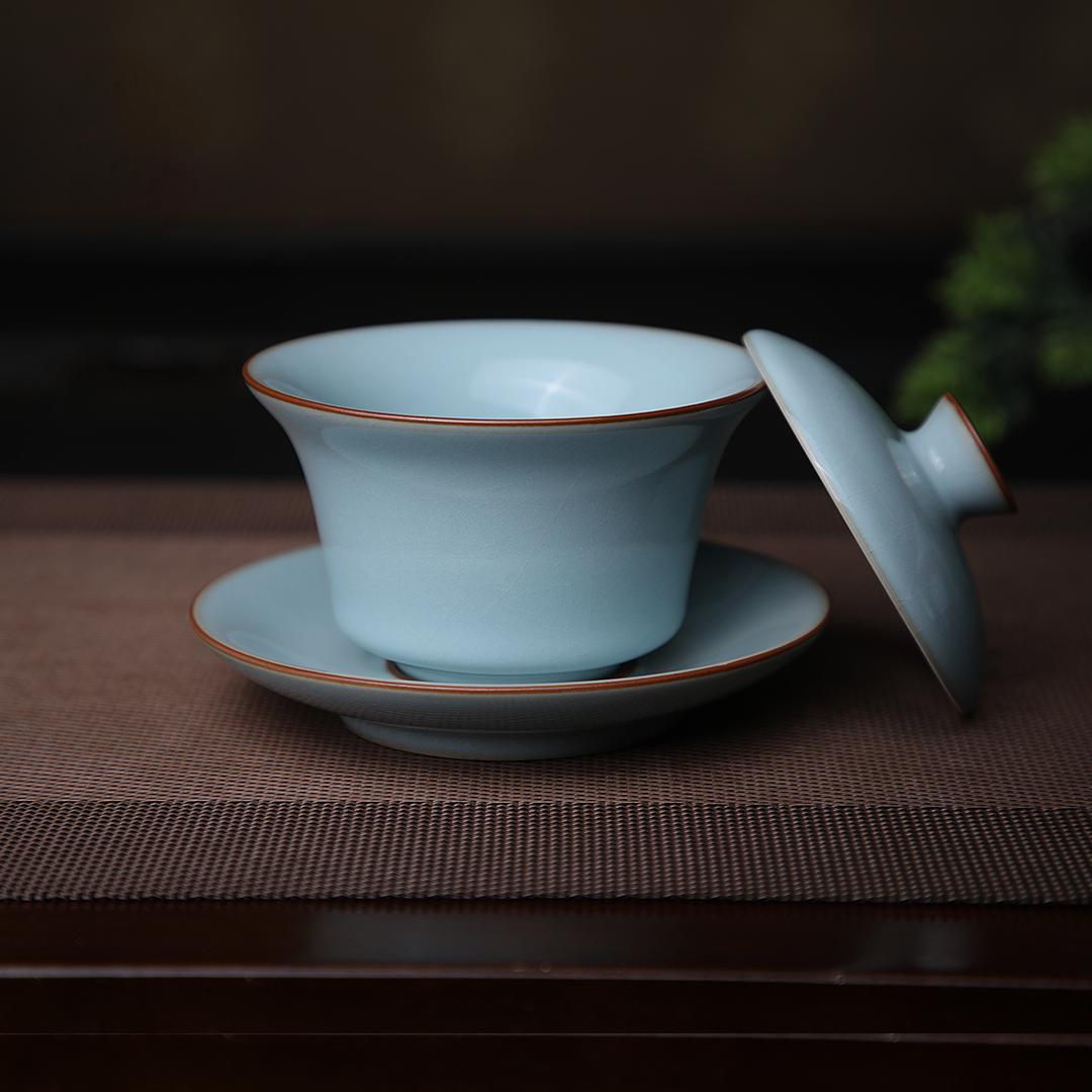 Song Dynasty Ru ware gaiwan with sky-blue glaze, agate infused sky-cyan glaze for gongfu tea and tea ceremony