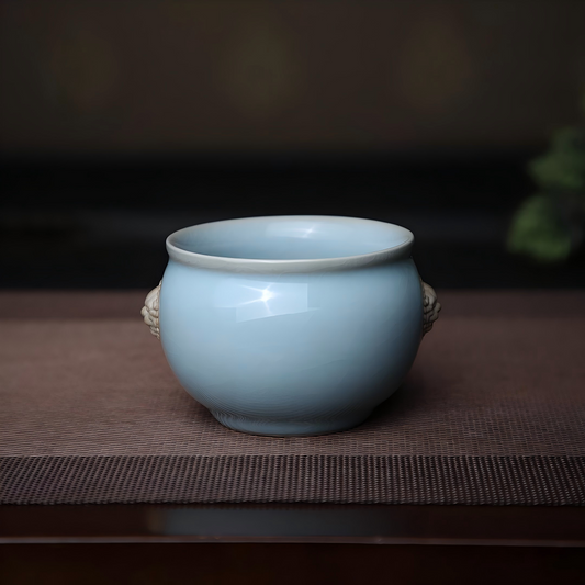 Chinese Ru Ware sky-blue celadon barrel cup with 180ml large capacity and fine crackle network across entire glaze surface