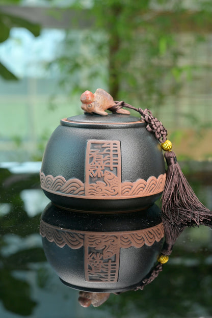 Boîte à thé en céramique grossière rétro de style chinois / Boîte à thé à motif poisson