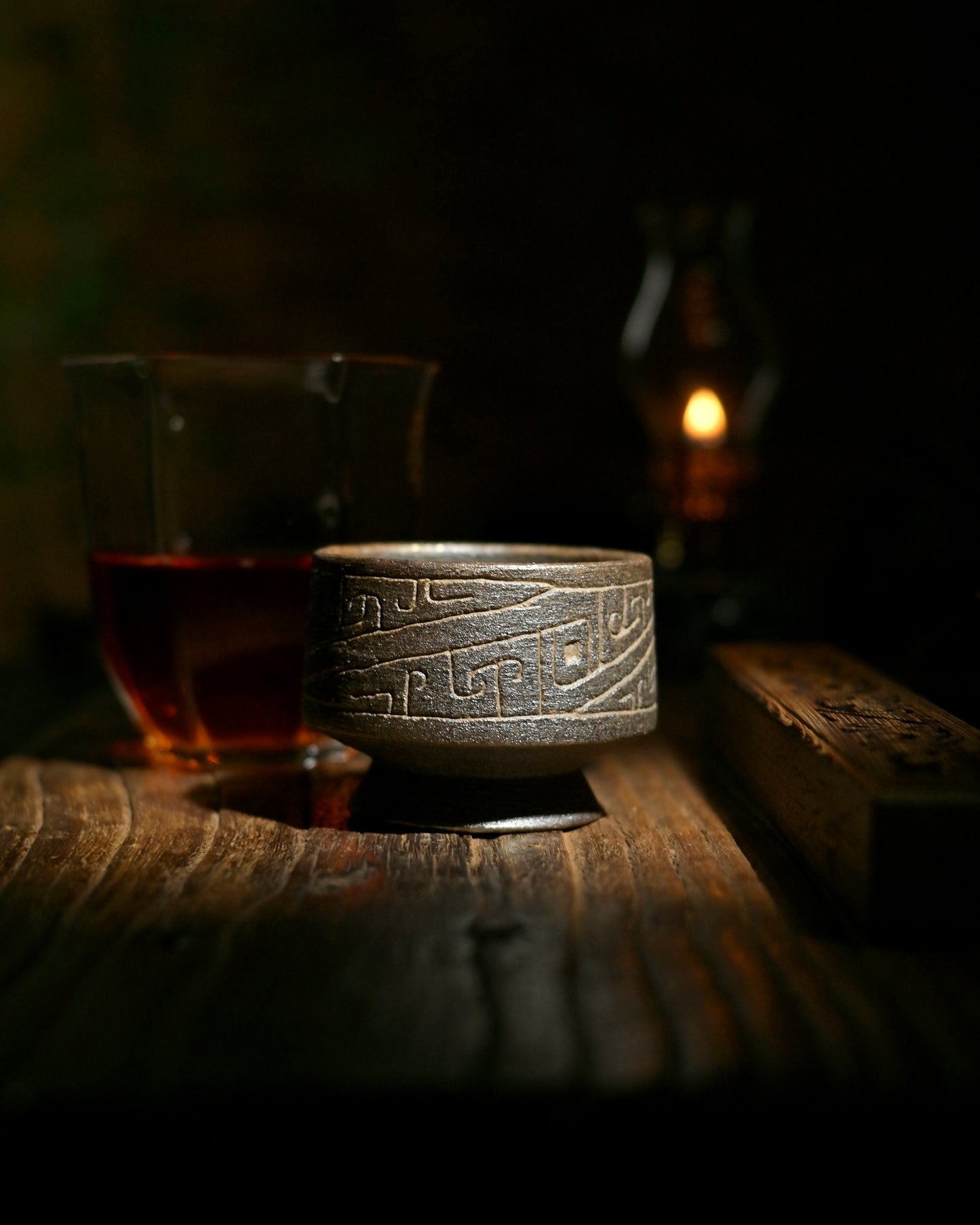 Handcrafted Wood-Fired Coarse Clay Short-Stem Tea Cup with Tribal Patterns