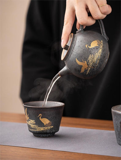 Tasse à thé en céramique vintage fabriquée à la main à Jingdezhen, avec double grue peinte à l'or