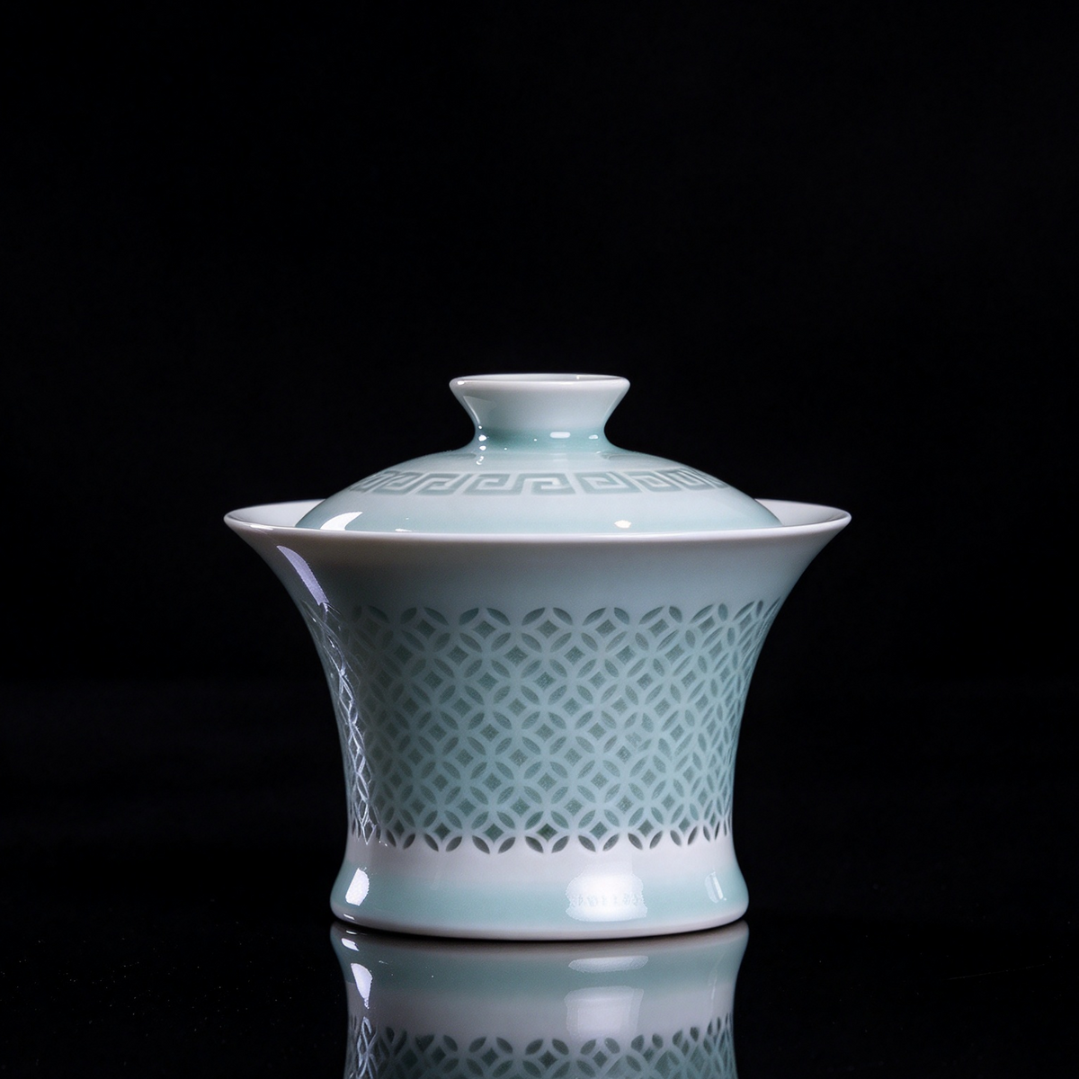 Artisanal Longquan Celadon Linglong Gaiwan designed for delicate tea ceremony presentation