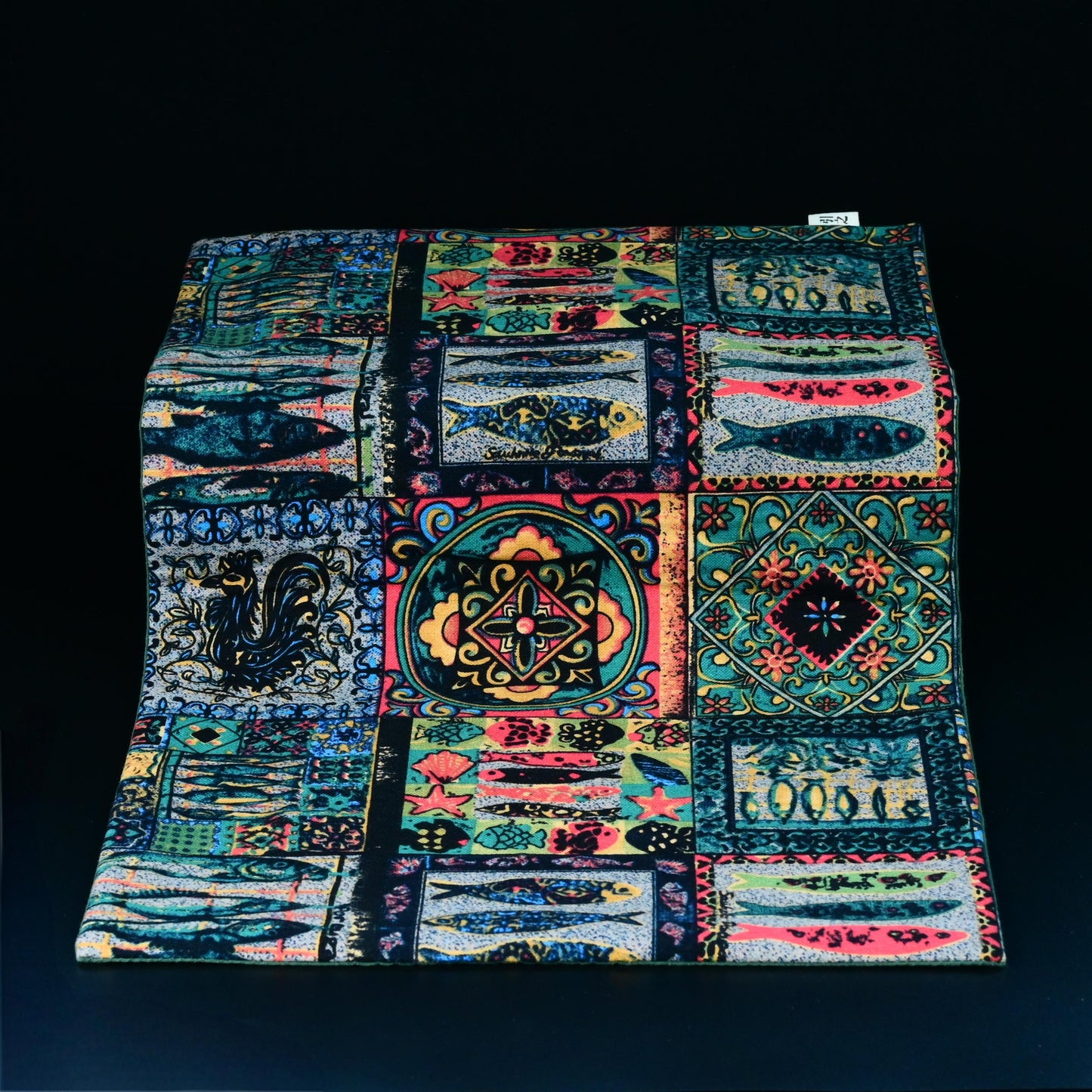 Natural cotton-linen blend tea mat featuring printed fish motif, excellent absorption for tea ceremonies with nostalgic aesthetic