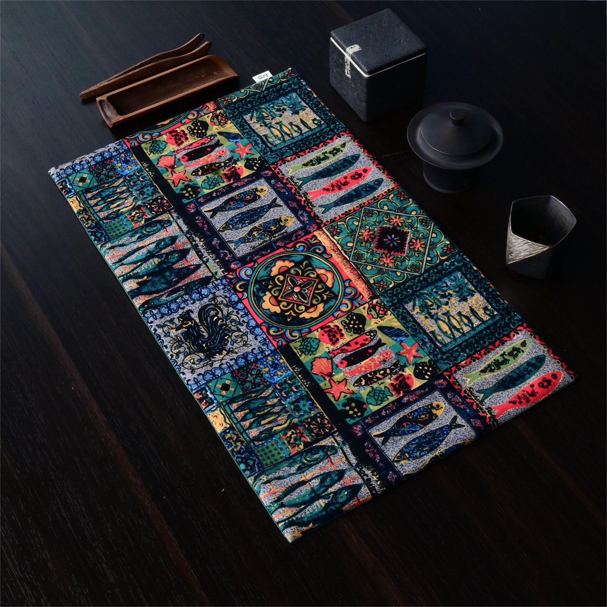Vintage fish pattern cotton-linen tea mat with high absorbency, retro design for table decoration and practical tea spill protection