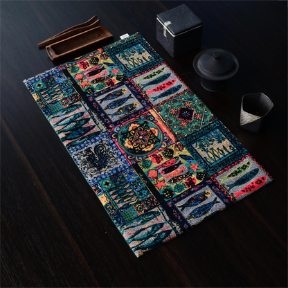 Vintage fish pattern cotton-linen tea mat with high absorbency, retro design for table decoration and practical tea spill protection