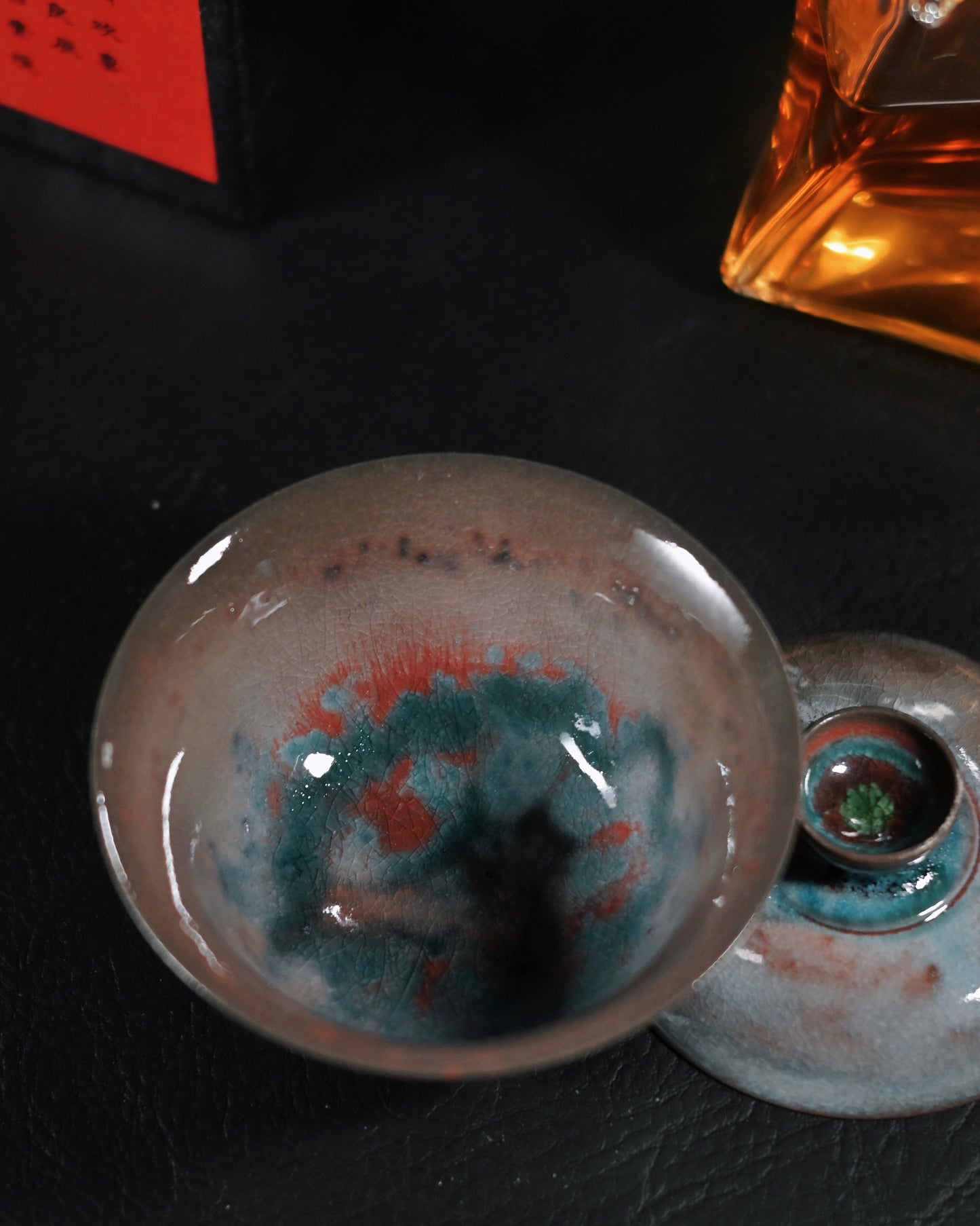 Wood-kiln gaiwan with colorful lake-like glaze surface, showcasing unique crystal formations and crackled texture