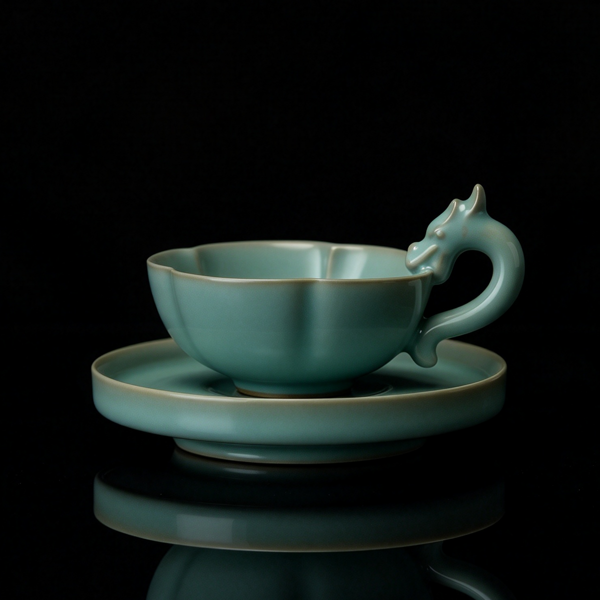 Ru Ware sky-blue glazed dragon Ruyi tea and coffee cup 85ml with matching saucer on dark background