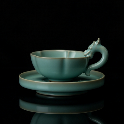 Ru Ware sky-blue glazed dragon Ruyi tea and coffee cup 85ml with matching saucer on dark background