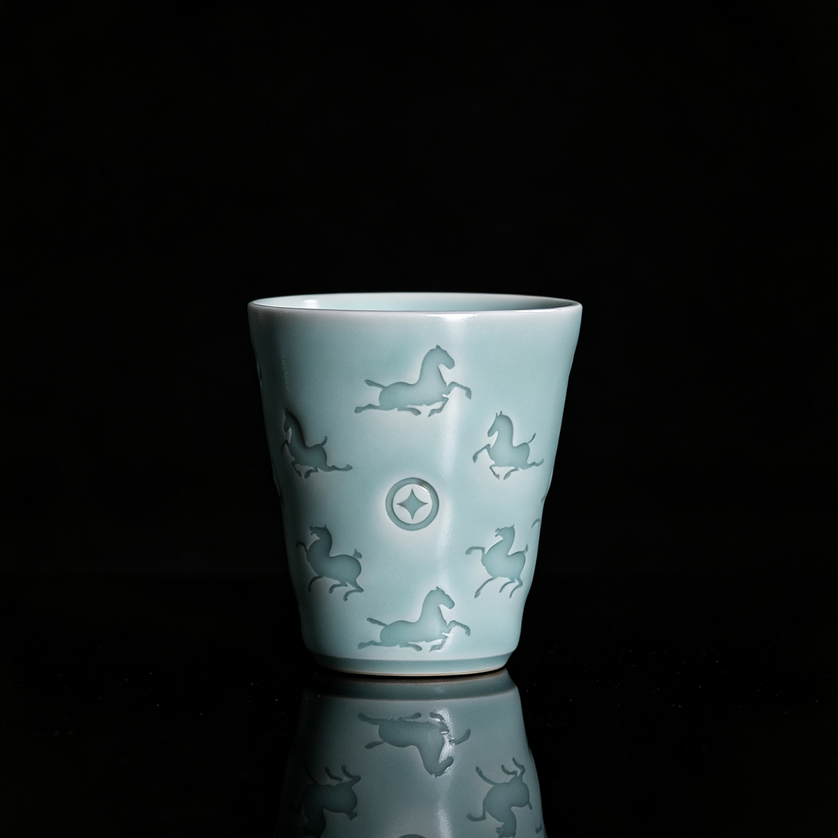 Longquan Celadon Hand-Carved "Horse & Wealth" Teacup 50ml