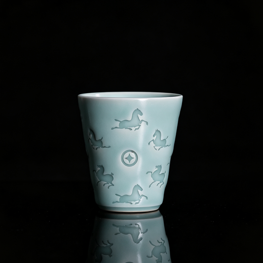 Longquan Celadon Hand-Carved "Horse & Wealth" Teacup 50ml