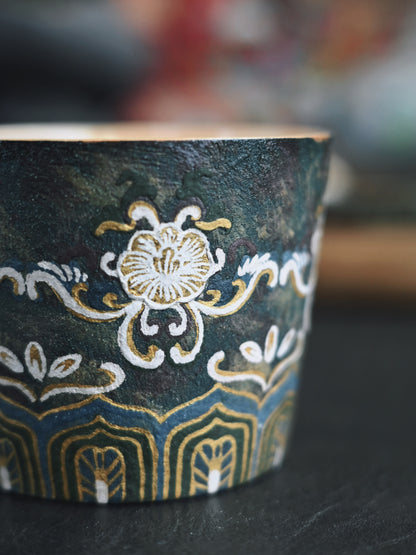 Natural mineral pigment painted cup featuring Dunhuang art, Jingdezhen handmade with antique aesthetics and generous capacity for both coffee and tea service.