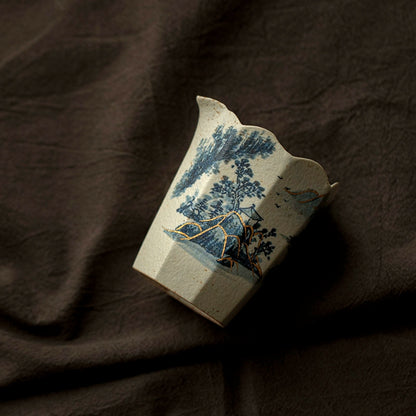 Elegant Hand-painted Landscape on Porcelain Fair Cup with Gold Detailing