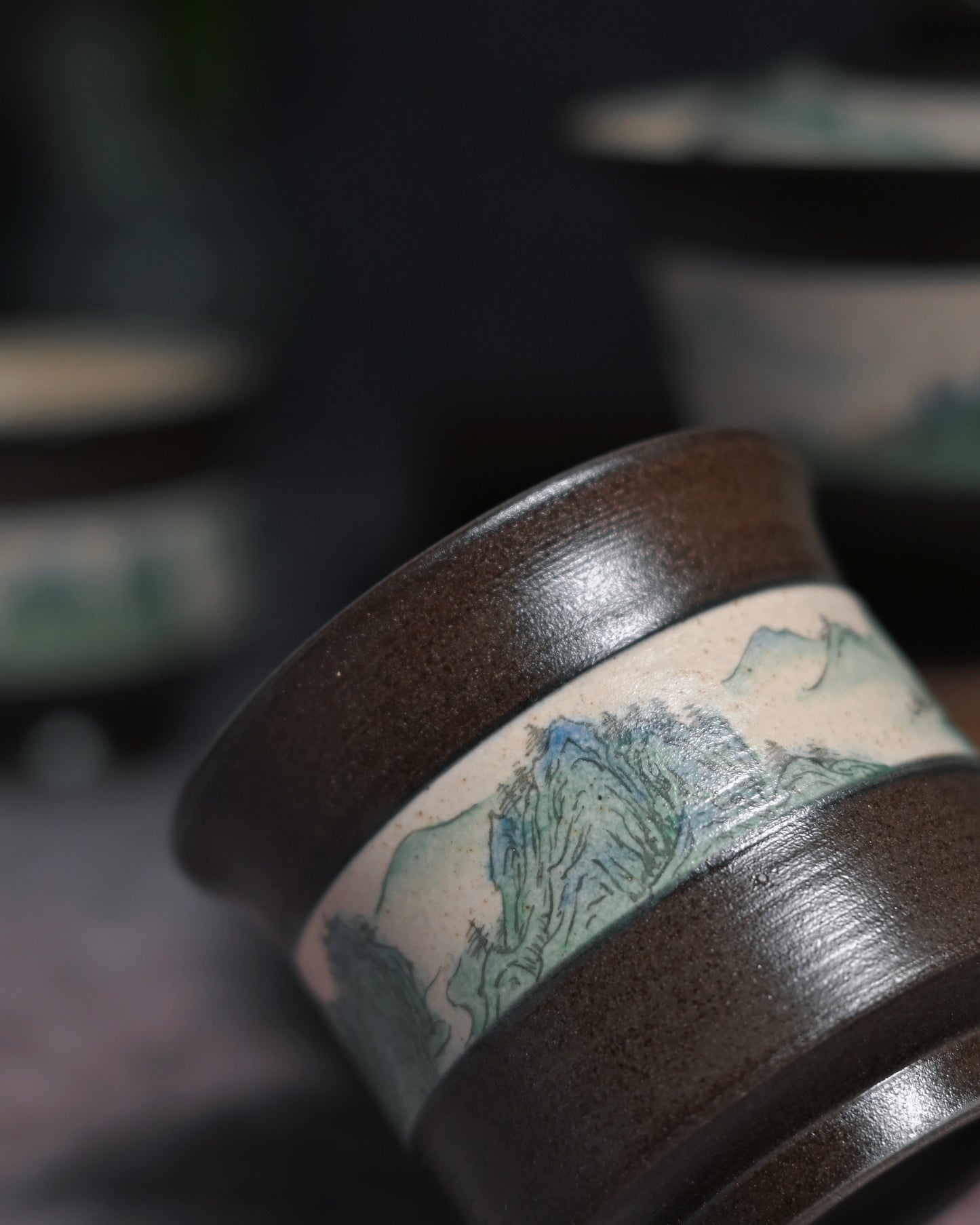 Thousand Li panorama tea set with pavilions bridges boats and pine trees tucked into natural scenery