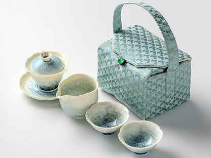Tasse à thé / Théière / Service à thé en cristal glacé à fleurs, cuisson au four, glaçure cyan fumée