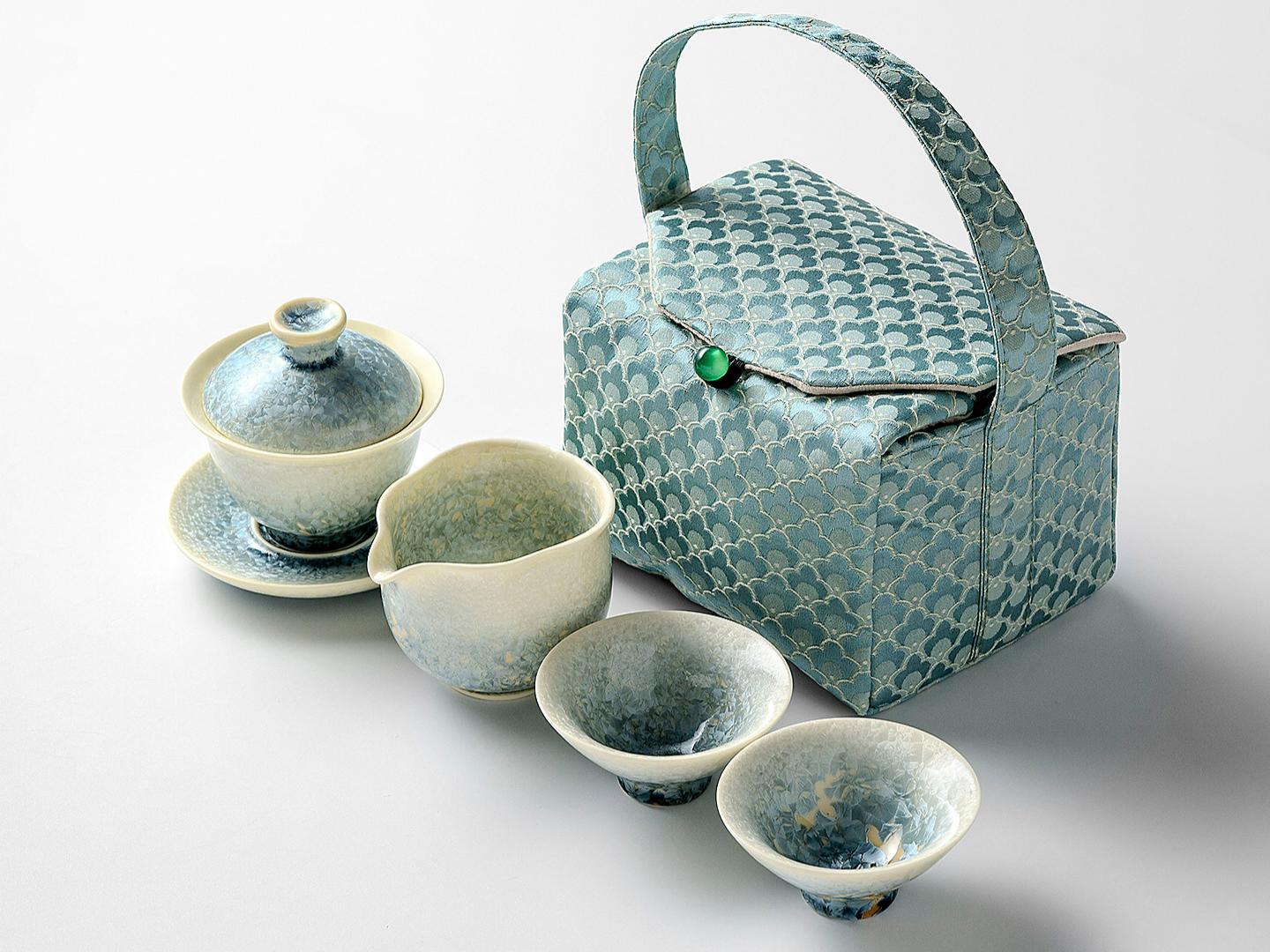 Smoky Cyan Glaze Kiln-Change Crystal Ice Flower Teacup / Teapot/ Teaset