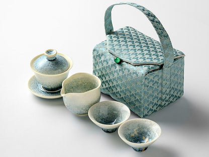 Tasse à thé / Théière / Service à thé en cristal glacé à fleurs, cuisson au four, glaçure cyan fumée