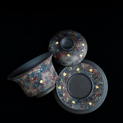 Lavish Yixing gaiwan with hand-applied gold mineral inlay on rich purple clay, embodying luxury tea ware perfection for special occasion gifting.